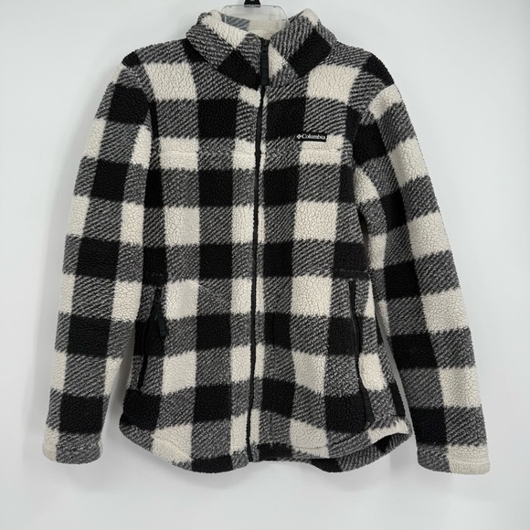 Columbia West Bend Sherpa Fleece Jacket Black White Check Size Small Full Zip - Picture 9 of 9